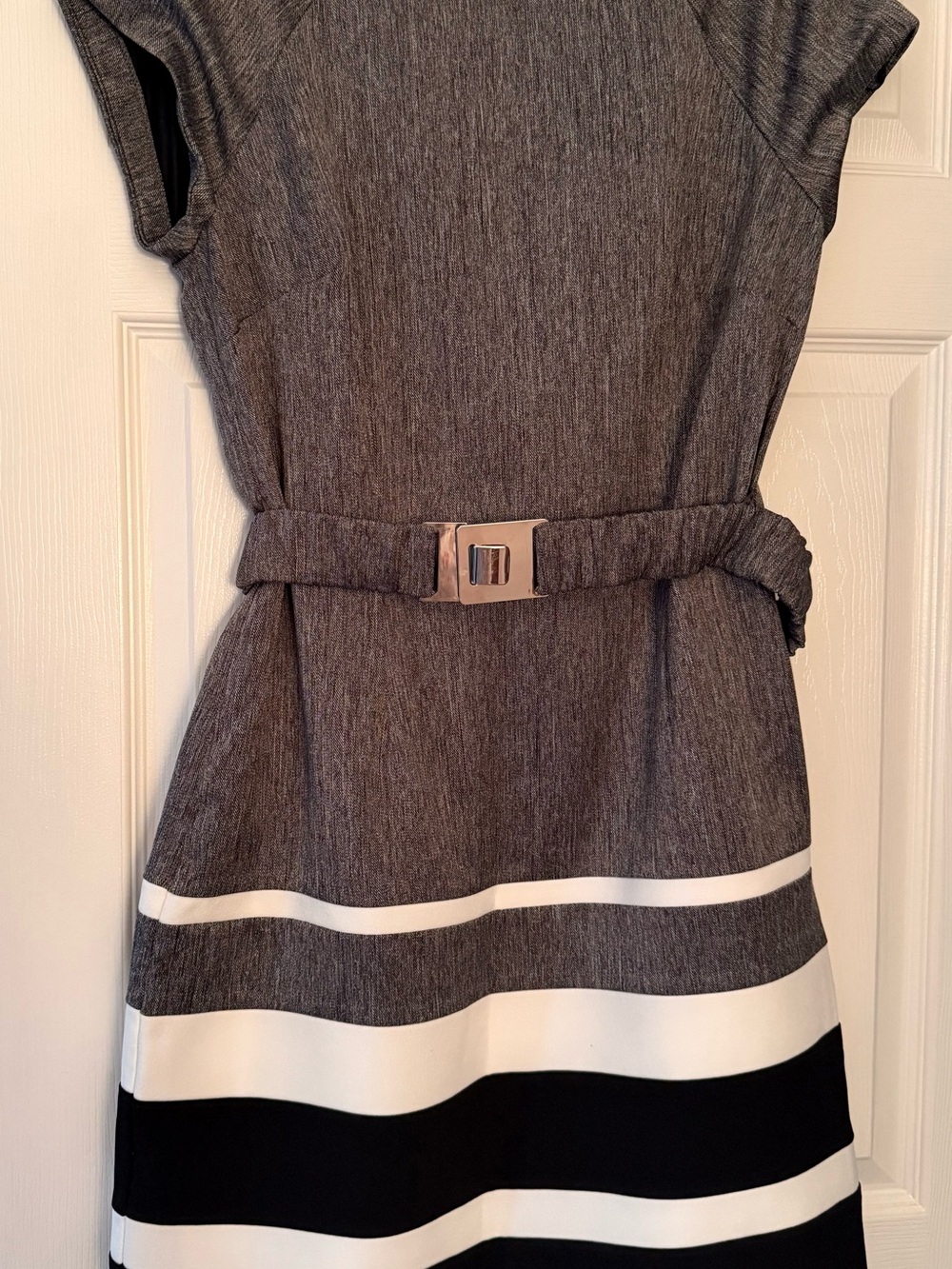 Sandra Darren Gray Midi Dress with Black and White Stripes